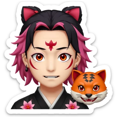 tanjiro male : Kind red eyes, black hair with burgundy tips, forehead scar, tanned skin, Hanafuda earrings.                             nezuko:   Pink eyes, black-orange hair, fangs, bamboo muzzle in mouth. sticker