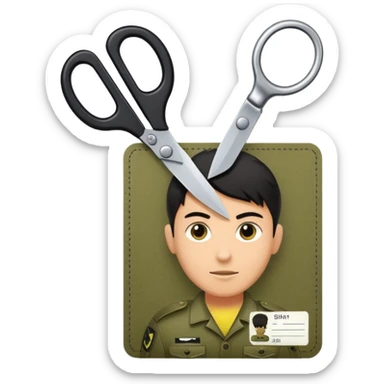 black Scissors cutting an idf soldier ID card in 2 parts .hyper realistic sticker