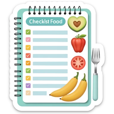 Emoji of checklist notebook with healthy food icons, nutrition planning, flat minimal emoji, pastel colors sticker