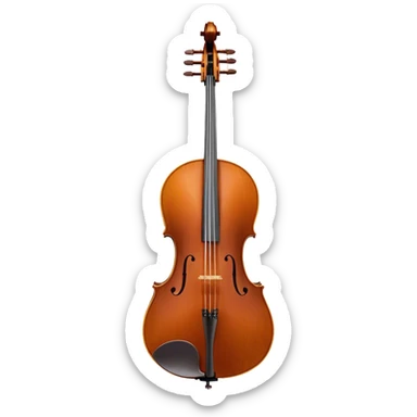 Create an elegant and refined emoji representing the Cremona cello with a Hans Klein HKCB bow. The design should feature the curved wooden body of the cello with a rich, glossy finish, capturing its classical shape and intricate details. The bow should be displayed with fine craftsmanship, highlighting the hair and the smooth, polished wooden stick. Include subtle musical notes floating around the instrument to emphasize its rich, melodic sound. Use deep wood tones like chestnut brown, gold accents for the fittings, and soft lighting effects to give the instrument a timeless, professional feel. The background should be transparent. sticker