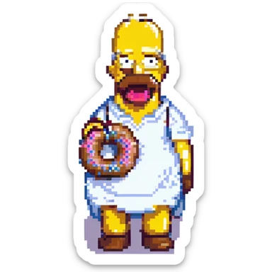 Homer Simpson pixel art, minimal details, holding a chocolate donut sticker