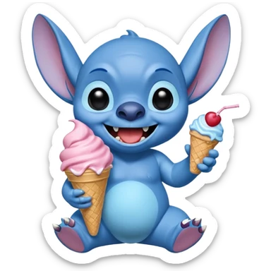 Stitch the blue alien from Lilo & Stitch eating ice cream with a big smile sticker