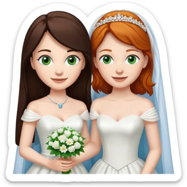 A tall, pale woman with very dark brown hair and green eyes marrying a shorter ginger woman with blue eyes, both in wedding dresses. sticker