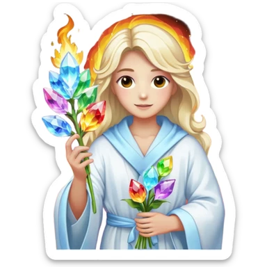 a being made of light of light with a robe on made of light and who is lanky holding a bouquet of crystal flowers on rainbow fire sticker