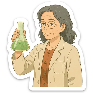 woman science teacher with long graying hair, holding a beaker, in ghibli style sticker