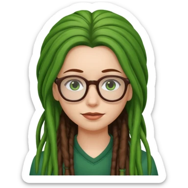 A white Girl with glasses,Brown long hair, grenn dredd sticker