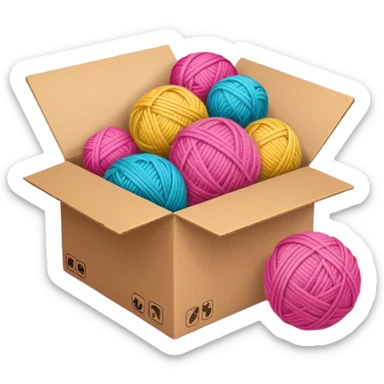 cardboard box with toys, ball of yarn, pink sticker