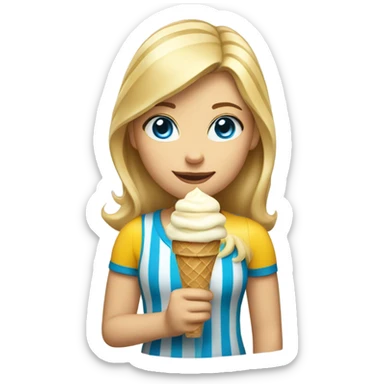 Girl with mid length blonde hair, blue eyes, yellow striped shirt, holding vanilla ice cream cone sticker