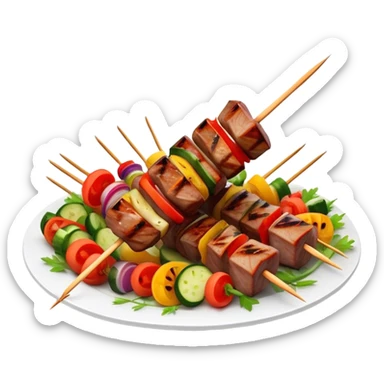 Cinematic Realistic Shish Kebab Dish Emoji, showcasing skewered, grilled meat with vibrant vegetables rendered with dynamic textures and warm, inviting lighting. sticker