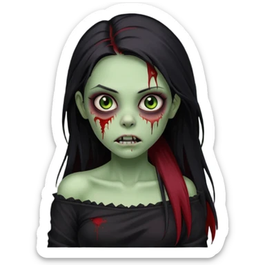Garota zumbi com cabelo todo preto liso longo e mechas vermelhas na lateral da cabeça dos dois lados, usando uma blusa com um lado da manga caida preta  sticker