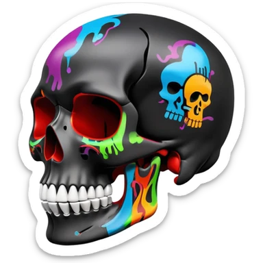 smooth black skull with vibrant graffiti paint contained within the skull shape, brand logos inside skull outline only, side view sticker