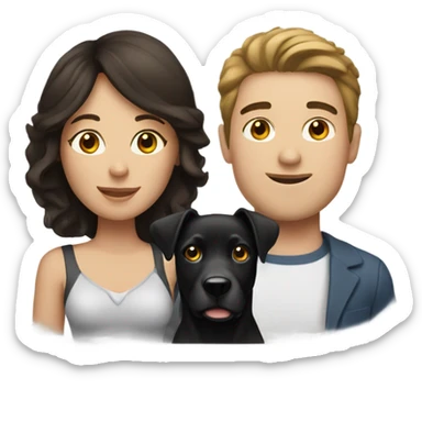 Brunette woman and brunette man with a black and white lab sticker