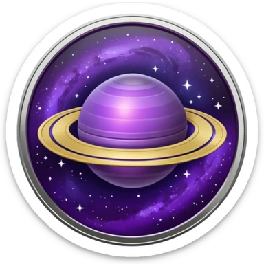 a space-themed coin with a purple saturn on it sticker