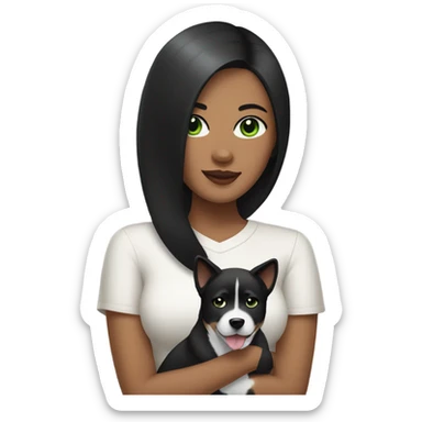 women with black hair green eyes and nouse piercing holding an akita dog  sticker
