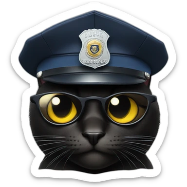a black cat with sunglasses and a police cap sticker