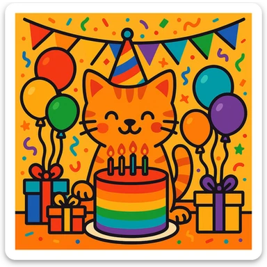 birthday party scene with rainbow balloons, multicolored decorations, confetti, large rainbow birthday cake, gifts, festive atmosphere, featuring a ginger tabby kitten wearing a birthday hat as the main character sticker