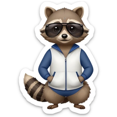 friendly anthropomorphised raccoon in sports wear, wearing dark sunglasses, relaxed pose, mafia style sticker