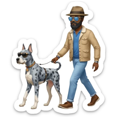 man and dog, tall bearded black man walking blue Merle Great Dane, illustration style sticker
