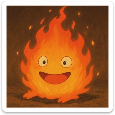 A whimsical, glowing fire demon resembling Calcifer from Howl's Moving Castle, with a playful expression and flickering flames, in Ghibli style sticker