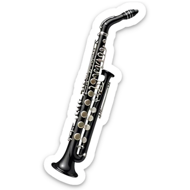 Create a sleek and professional emoji representing a black standard clarinet. The design should feature a smooth, glossy black body of the clarinet with shiny, silver keys clearly visible. Highlight the intricate details of the mouthpiece and reed at the top, while the body of the instrument should remain simple and elegant. Add subtle musical notes or soundwaves floating around the instrument to symbolize its clear, melodic sound. Use black for the body, silver for the keys, and soft lighting effects to give the instrument a polished, sophisticated look. The background should be transparent. sticker