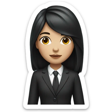 creates a girl with white skin and long black hair wearing a suit and a mackbook in her hand sticker