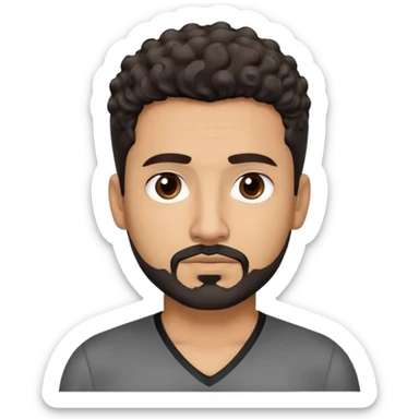 Latino man in his late 40s with light brown skin. Square face with defined jawline. Dark eyes with calm gaze. Short curly dark hair. Black goatee beard with some gray streaks. Wearing a black V-neck shirt. sticker