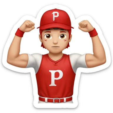 Strong teenage baseball player flexing small muscles red hat with letter p sticker