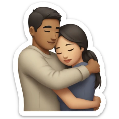 young brown Man and young asian woman hug love sticker