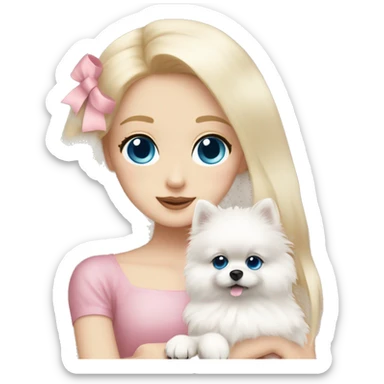 Blond girl white skin blue eyes hugging white Pomeranian with light pink bow sticker
