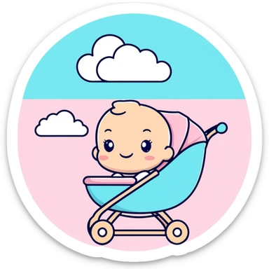 happy baby sitting in pink and beige stroller with pastel blue clouds decoration sticker