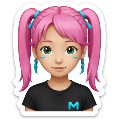a girl wearing a black t shirt with cyan letters'mira', brave and smart face, narrow eyes, korean girl, small grin,half up half down look with two diagonal pigtails, long pink hair sticker