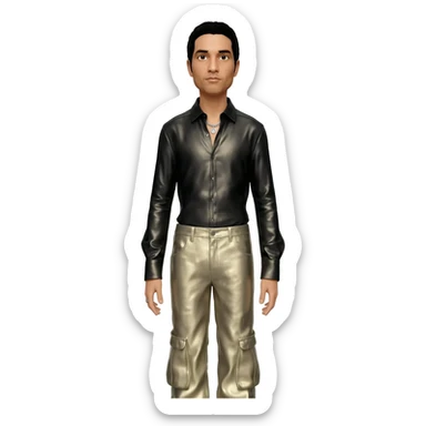 Chino Moreno with black hair, black metallic shirt, beige metallic baggy pants, silver necklace sticker