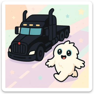 Put the small furry abominable snowman on a road in front of the black Kenworth W680 flat top semi truck, top-down colorful and playful style, no text, with a visible road background. sticker