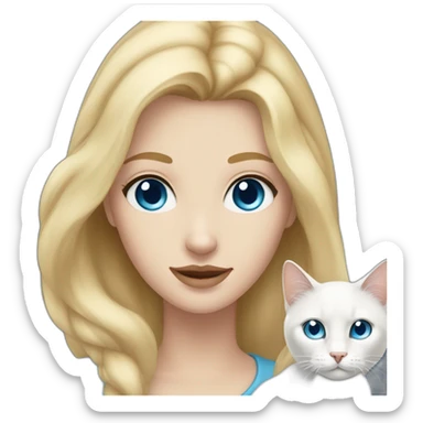 White woman with long blonde hair, blue eyes, white cat with brown eye, blue eye sticker
