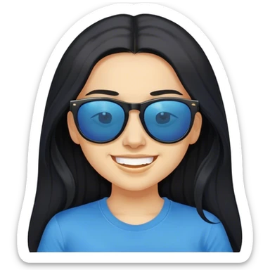 A face of girl with black long hair, wearing sunglasses and a blue t-shirt.She's grinning. sticker