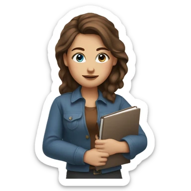 Women with blue eyes and brown hair with a pen and a notebook in her hands sticker