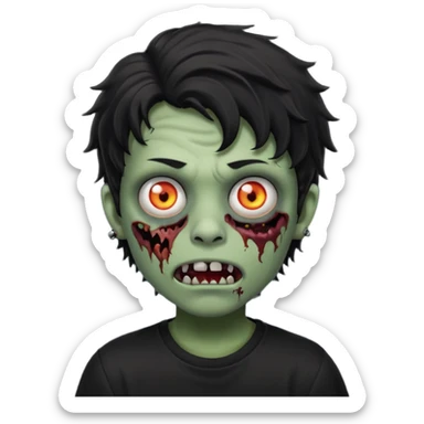 a boy with wavy hair, a zombie-shaped mouth piercing hum, and black hair with a black shirt too sticker