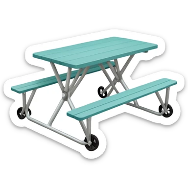 rectangular picnic table with benches, soft teal color, straight vertical legs, wheels underneath, flat wood-style silhouette, clean geometry, minimal shading, theatrical prop sticker