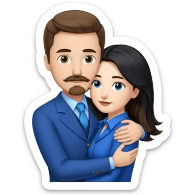 tall white man with brown hair goatee mustache hugging a pale woman with long black hair, wearing blue formal clothing sticker
