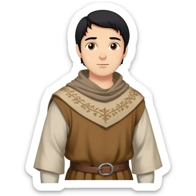 medieval outfit worn by a DnD themed fantasy character. basic homespun tunic with a thick wool shawl. clothes only above the waist. The clothes full waist. The character's haven't arms. character is black hair brown eyes short hair medium-skinned man. sticker