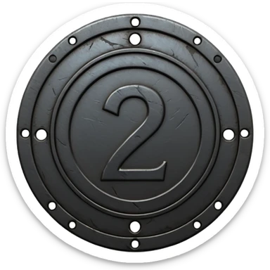Minimal emoji, gothic metal coin made of black steel, engraved number 2 at the center, ancient industrial aesthetic, worn metal texture, no glow, no neon, flat emoji design, centered, transparent background sticker