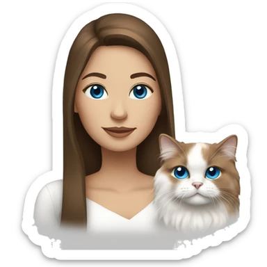woman with long brown hair and holding an all-white persian cat with blue eyes sticker