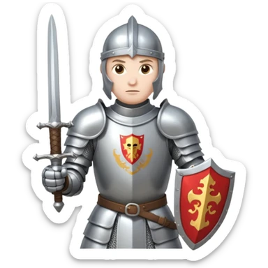a knight in a fighting stance, wearing bright silver armor and holding a sword sticker