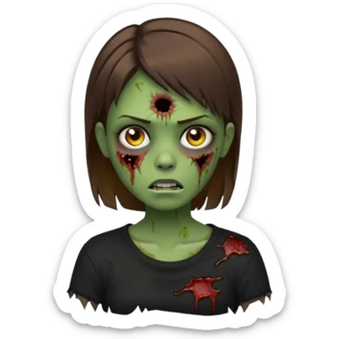 Zombie girl emoji verde com cabelo curto liso castanho no ombro com uma blusa preta sticker