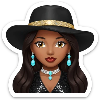 Tiffany "New York" Pollard with long dark brown hair, black sequin outfit, black hat sticker