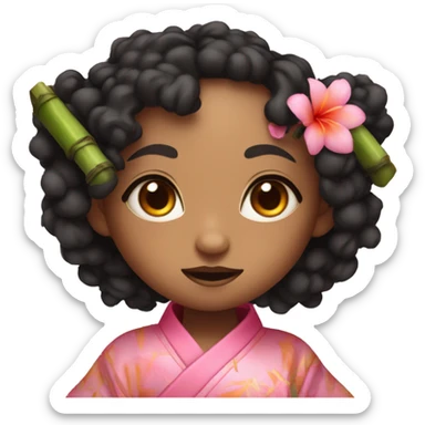 a demon girl with curly black orange and pink eyes with a pink kimono and a bamboo  sticker