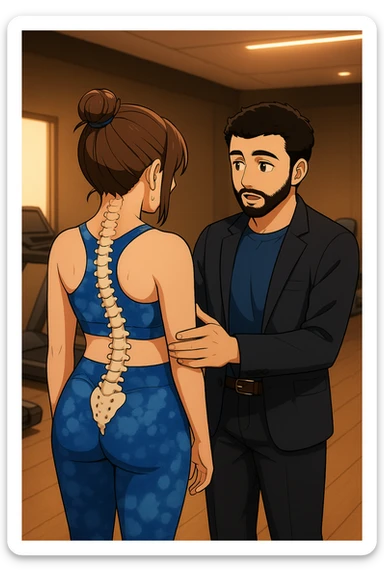 ispirati a questo stile di disegno e fai questa immagine in versione manga/webtoon a colori, il manga mostra la donna di spalle, mentre l'uomo le tocca la spina dorsale per spiegarle come funziona la scoliosi:
Con una scoliosi il baricentro corporeo cade maggiormente da un lato; per non cadere la schiena compensa accumulando tensione sul fianco opposto.
Il risultato? Si inclina e ruota sempre più, fino a che non cede (discopatie, artrosi, ecc) sticker