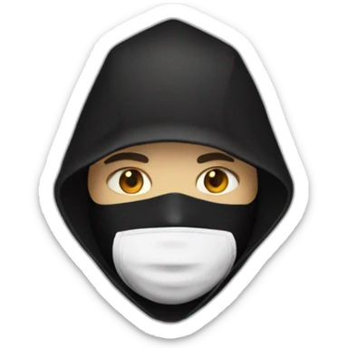 person with a black hood and a white mask sticker