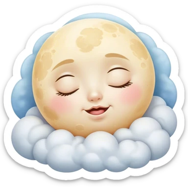 Cinematic adorable moon with a sleepy face, round and chubby, soft glowing light, tiny rosy cheeks, resting on a bed of fluffy clouds, dreamy and peaceful. sticker