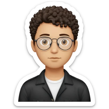 Man with small face and prominent forehead, teardrop-shaped aviator glasses, totally shaved sides with very minimal dark curly hair only on top, light brown complexion, gentle expression, black button-up shirt sticker